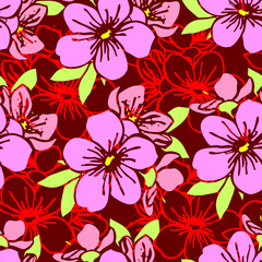 Fototapeta na wymiar seamless pattern of pink silhouettes and red contours of flowers on a red background, texture, design