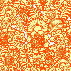 seamless floral pattern of stylized yellow elements with ginger outline, texture, design