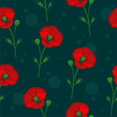 seamless pattern with red poppies vector, floral ornament with flowers and herbs, summer and spring pattern, turquoise circles, floral wallpaper for printing textiles and stationery, poppy