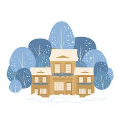 Christmas gingerbread house with blue snow-covered trees on the background, Scandinavian houses with New Year's decoration, cartoon house stands in snowdrifts in winter