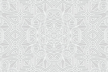 Embossed white background, ethnic cover design. Press paper, exotic boho style with handmade elements. Geometric 3d pattern. Tribal themes of the East, Asia, India, Mexico, Aztecs, Peru.
