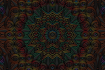 Embossed black background, ethnic cover design. Press paper, fantasy boho style with handmade elements. Geometric 3d pattern. Tribal themes of the East, Asia, India, Mexico, Aztecs, Peru.