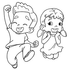 Coloring Book, Happy Kids Jumping.vector illustration isolated on white background.