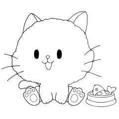 cat sitting in front of a plate with fish.vector illustration isolated on white background.coloring book.coloring page.