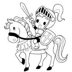 Young knight riding on horse. Coloring book, coloring page.vector illustration isolated on white background.