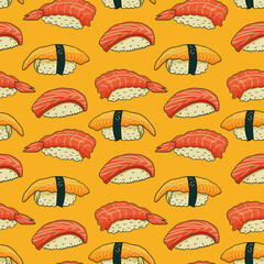Sushi and rolls seamless pattern in retro style. Doodle vector illustration print for wrapping paper, textile, fabric, wallpaper