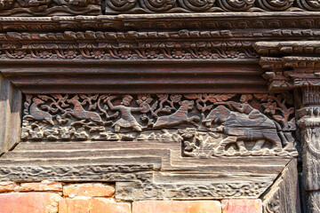 Detail of the old ornate palace buillding at Durbar Square in Lalitpur, Patan, Kathmandu Valley, Nepal, Asia