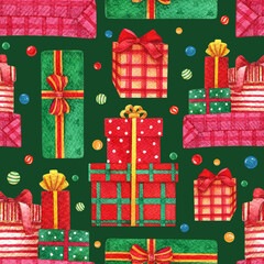 Christmas gifts background. Watercolor happy birthday presents seamless patterns.