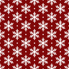 Christmas Simple Symmetric Seamless Pattern of White Snowflakes on Red Backdrop.