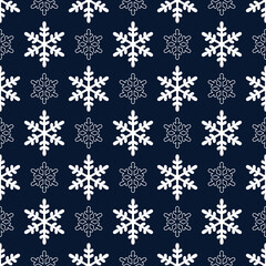 Winter Simple Symmetric Seamless Pattern of White Snowflakes on Dark Blue Backdrop.