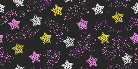 Large drawn colorful stars. The background is dotted with small stars. For prints and seamless surfaces of textiles, packaging, wallpaper.