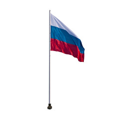 Waving Russian flag on a white background. State flag of the Russian Federation on a flagpole with a fixed base of the staff. Sun glare on bright colorful fabric.