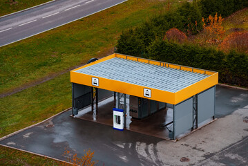 Self-service car wash station. Birds eye view.