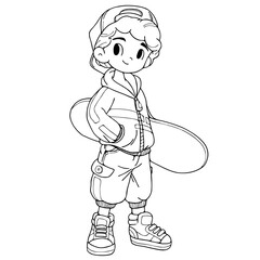 Boy holding a skateboard.vector illustration isolated on white background.coloring book. Coloring page.