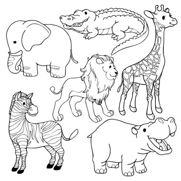 Coloring book of safari animals, lion, zebra, hippocampus ,crocodile monkey, hippo, elephant, giraffe illustration for kids