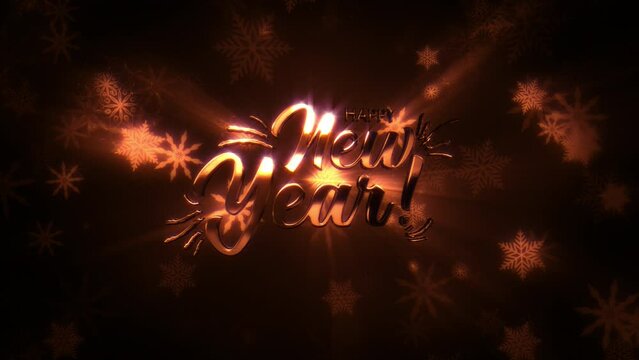 Happy New Year golden light effect text with gold snowflakes animation in festive event amazing on black background for celebrate New Year, holiday and festival season.
