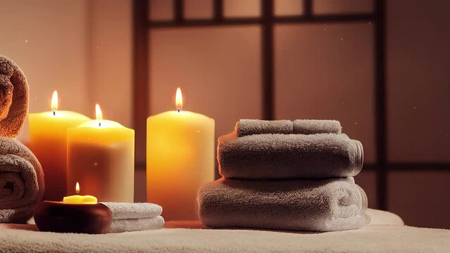 Meditation in spiritual zen scenery, aromatic candles on thermal water. Relaxing floating candles spa and wellness background. Romantic atmosphere mood backdrop. Massage studio therapy preparation.