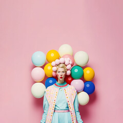 Fototapeta na wymiar Fashion illustration of a young makeup girl in front of pastel balls that are like marshmallows and sweets on pink background. Elegant clothes. Gentle feminine colors. Generative AI.