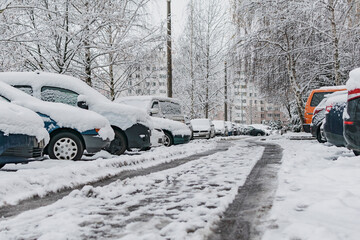 Yard with cars in winter