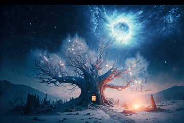 Obraz na płótnie Canvas TreeHouse Fantasy Winter - Fictitious Generated by Generative Ai