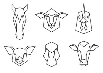 Set of farm animals icons. Geometric heads of a horse, sheep, chicken, pig, duck and cow. Linear style vector collection illustration.