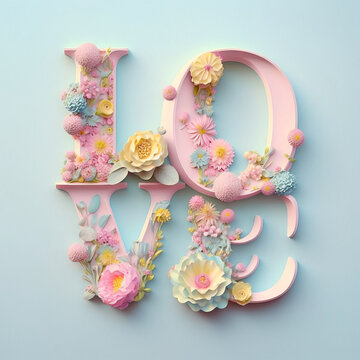 Creative flat lay title love made of fresh, Spring, pink, flowers on pastel blue background. Symbol of Valentine's Day. Illustration. Generative AI.