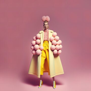 Fashion illustration  of a young girl in yellow dress in front of pastel pink balls on pink background. Elegant clothes. Gentle feminine colors. Generative AI.