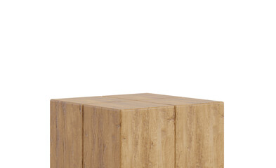 Wooden podium, table on transparent background. Rectangular stage for product, cosmetic presentation. Natural mock up. Pedestal or platform for beauty products. 3D rendering.
