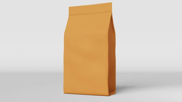 Brown pouch bag coffee bean branding rotating 3D animation loop. Merchandise box bottom pack design. Blank food snack product kraft paper package advertising template. Shop delivery sale discount demo