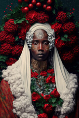 Fototapeta na wymiar Portrait of a beautiful black Female santa Claus surrounded by December birth flowers, holly and narcissus, christmas, santa claus, Afrofuturism concept -Generative ai