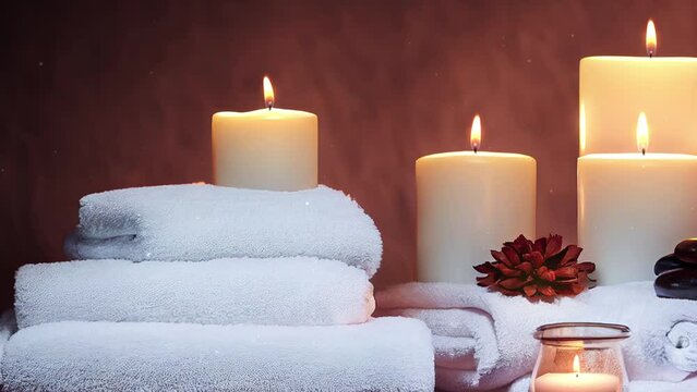 Meditation in spiritual zen scenery, aromatic candles on thermal water. Relaxing floating candles spa and wellness background. Romantic atmosphere mood backdrop. Massage studio therapy preparation.