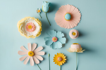 Flat lay creative illustration concept of fresh field Spring flowers on pastel blue background. Beautiful pink bloomed flowers. Generative AI.