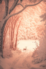 Snowy Winter landscape 3D Illustration background, under the sky, beige, sand colors and tones. Mountains, white soft snow and evergreen forest. Generative AI.