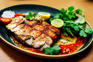 Vertical shot of Thai style delicious grilled whole fish  Generative AI