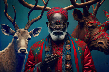 portrait of a Black santa claus wearing glasses with horns and surrounded by reindeers, Christmas, African Santa Claus - Generative ai