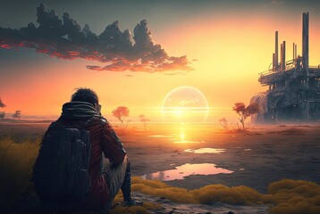 illustration of landscape at dawn,  a man looking  at sunrise, the building ruin at faraway, futuristic theme, destruction of civilization - obrazy, fototapety, plakaty