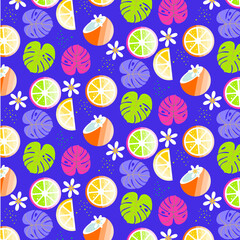 Tropical summer fruits seamless pattern. Fabric design with oranges, lemons, coconuts and flowers.