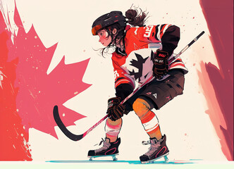 Woman hockey player, cartoon illustration