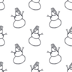 Seamless snowman sketch pattern on a white background. Children's drawing. Winter entertainment. High quality illustration