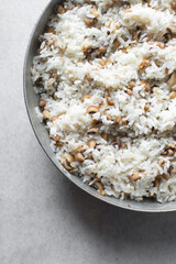Rice and beans in a pot, Nigerian food, cooked rice and brown beans