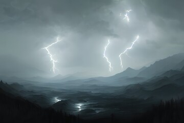 Mountains at thunder storm. Generative ai.