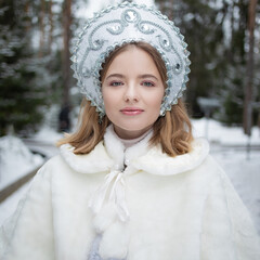 The Snow Maiden, a sweet young blonde in a white snow maiden costume with a kokoshnik and a fur...