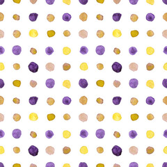 Seamless pattern bright yellow and purple dots painted in watercolor on a white background. For fabric, sketchbook, wallpaper, wrapping paper.