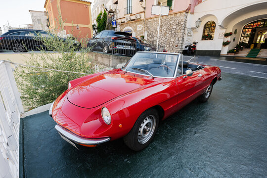 Vintage red sport car model Alfa Romeo 1300 also called Duetto in Positano, Italy.