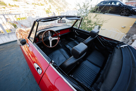 Vintage red sport car model Alfa Romeo 1300 also called Duetto in Positano, Italy.