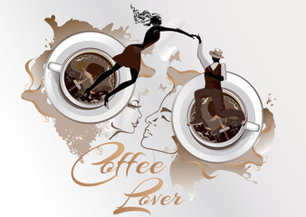 Abstract coffee background with a couple in passionate Latin American dances. Hand drawn poster background. - 554334567