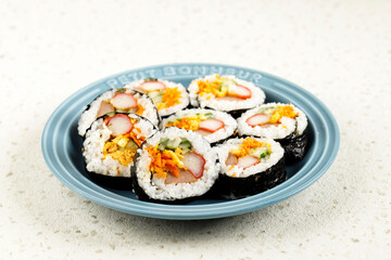 Korean Roll Gimbap or Kimbob, Made from Steamed White Rice or Bap with Vegetable, Meat