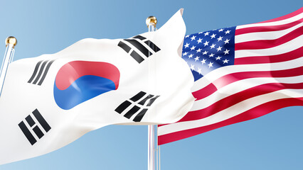usa and Korea flags waving in the wind against a blue sky. us and South Korea national symbols 3d rendering