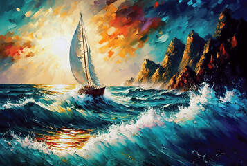 Fototapeta na wymiar Sailing ship in ocean at sea storm, sailboat near the rocks, strong wind, evening seascape, digital painting, sunset scenery