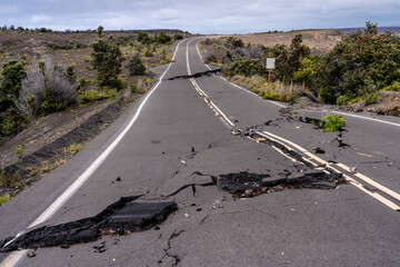 Damage to the main road in Hawaii's Volcanoes National Park, Hawaii Island, Hawaii, USA